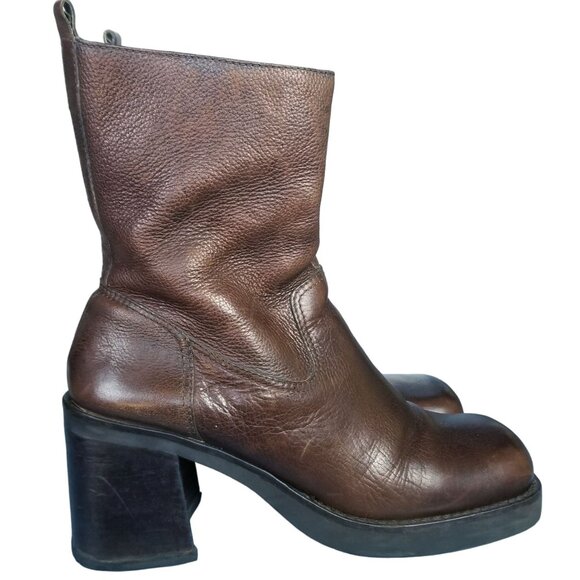 Vintage square toe chunky platform heel leather boots size 11 - Picture 1 of 12